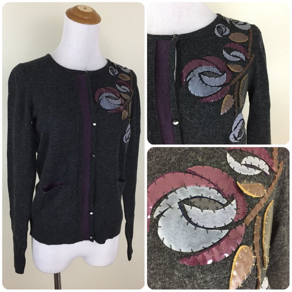 KENZO Dark Gray Multi-Color Applique Wool Silk Cashmere Knit Cardigan